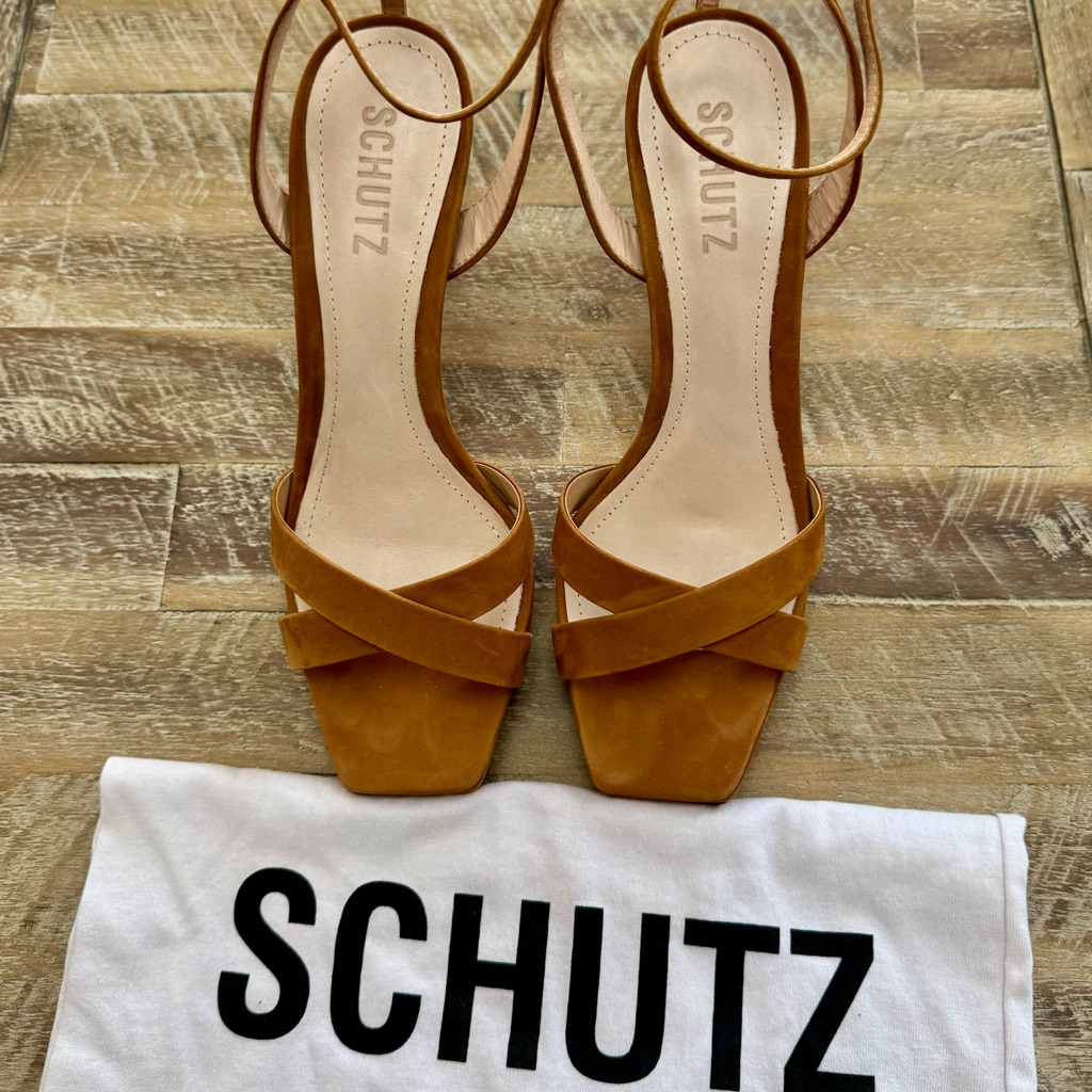 Schutz Cognac Brown Suede Strappy Block Heel Sandals